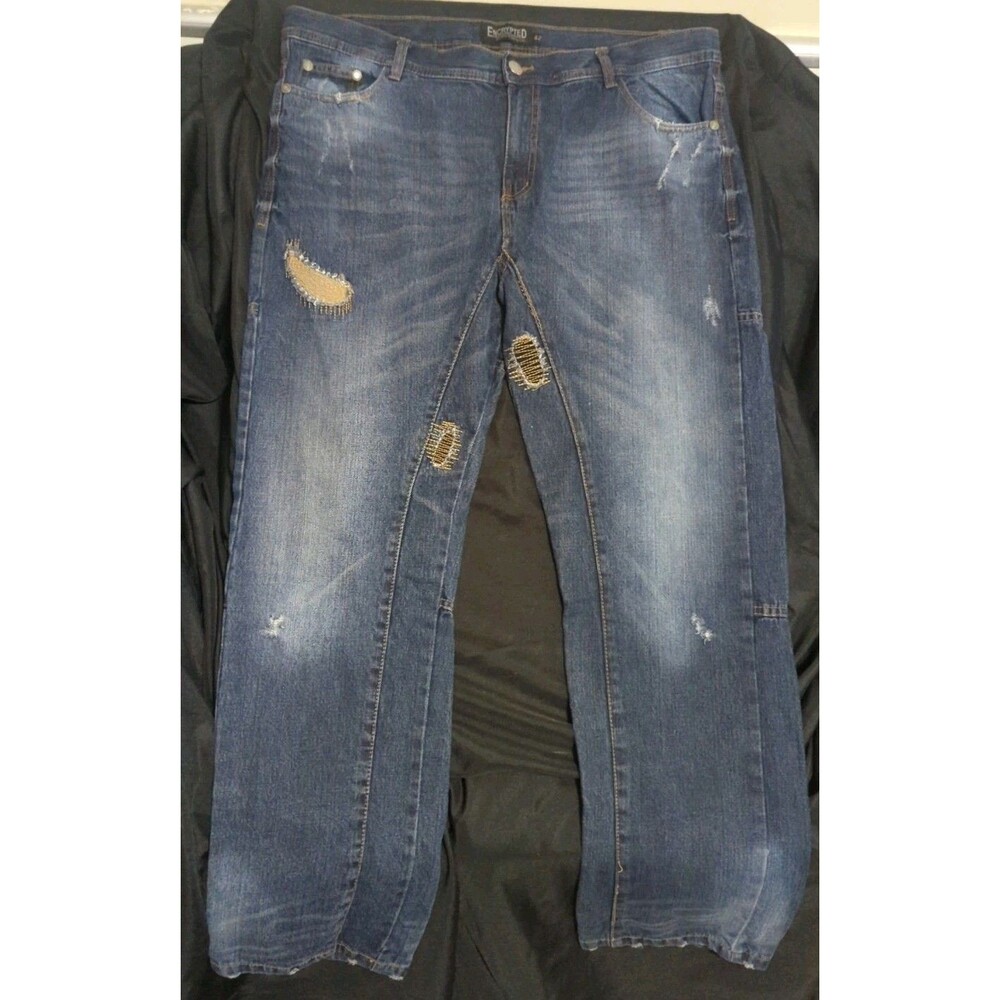 Encrypted Jeans Mens 42 (42x32 ACTUAL) Distressed Blue Denim Moto Streetwear